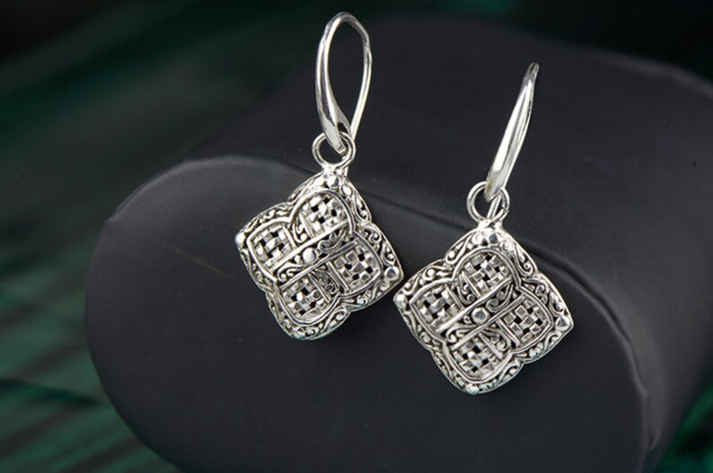 Antique Silver Square Earrings Sterling Silver Hollow Carved Earrings Dangle Filigree Earrings