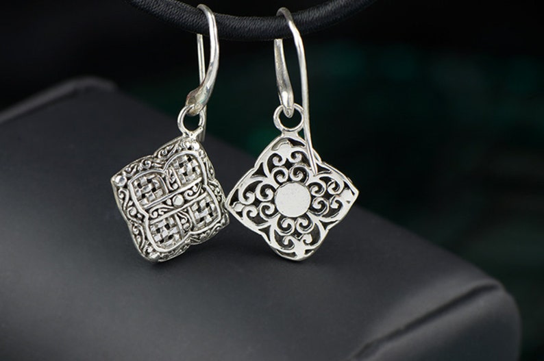 Antique Silver Square Earrings Sterling Silver Hollow Carved Earrings Dangle Filigree Earrings