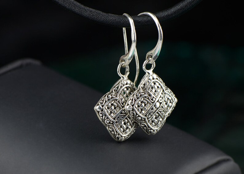 Antique Silver Square Earrings Sterling Silver Hollow Carved Earrings Dangle Filigree Earrings