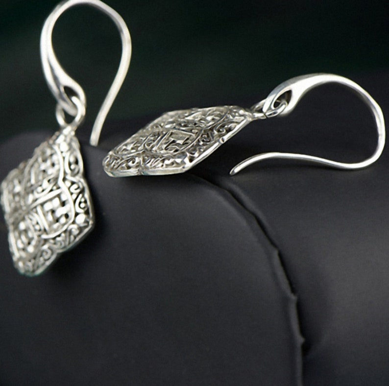 Antique Silver Square Earrings Sterling Silver Hollow Carved Earrings Dangle Filigree Earrings
