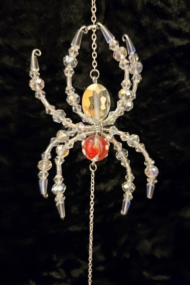 Midsize Glass Beaded Spider Suncatcher with heart head option red heart head