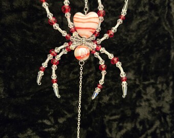 Heart Red and White Glass Beaded Spider Suncatcher