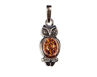 Amber and silver pendant OWL