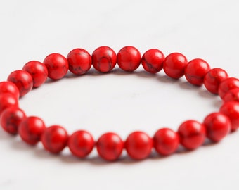 Bracelet Pierre Naturelle Howlite rouge 8mm , Bracelet perle , Pierre Précieuse pour homme et femme