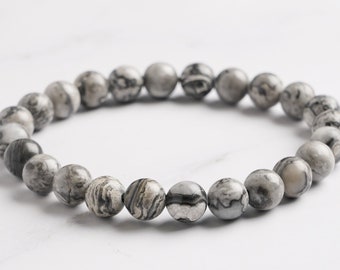 Bracelet Pierre Naturelle Jaspe sédimentaire 8mm , Bracelet perle , Pierre Précieuse pour homme et femme