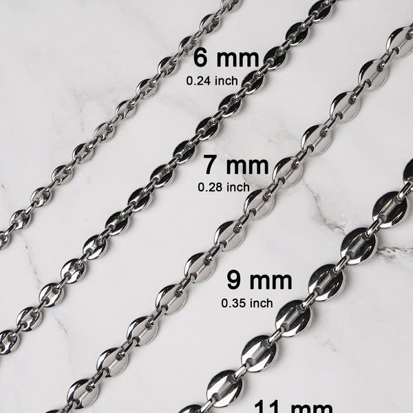 Collier en graine de café, Chaîne maille graine de café en acier inoxydable, 50cm, 55cm, 60cm, taille aux choix (6-11mm)- couleur argentée