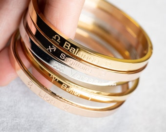 Fine stainless steel zodiac sign bangle bracelet available in 3 colors (Silver/Golden/Rose Gold)