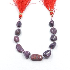 May include: A strand of polished, dark purple gemstone beads with a rectangular, reddish-brown bead in the center. The beads are strung on a thin, light purple cord and are accented with red tassels at each end. The beads are approximately 1 cm in diameter.