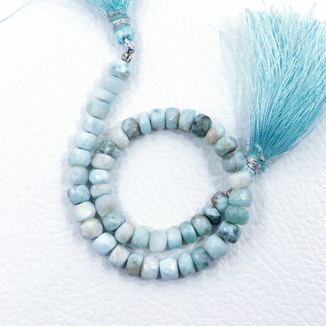 天然ラリマー宝石ビーズ：ファセットロンデル、8インチストランド