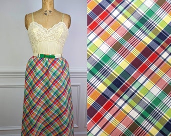 XS Small 70s 80s Rainbow Plaid A-line Skirt with Belt and Pockets, Colorful Diagonal Plaid by Century of Boston, Cotton Polyester Blend