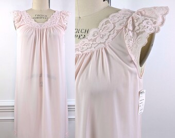 Vintage M/L 80s 90s Pale Pink Shadowline Nightgown with Lace Flutter Sleeves, Romantic Midi Length Sleepwear, Tags Attached