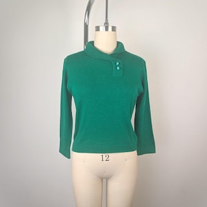 Vintage M 1960s Jantzen Sweater, Vibrant Kelly Green Knit Top, Soft 60s Jumper, Long Sleeves, Roll Neck with Decorative Buttons