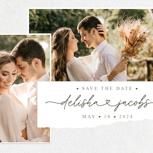 K&ouml;nnte beinhalten: Save-the-Date-Karte mit einem Foto eines Paares und dem Text "Delisha & Jacobs" mit einem Herzsymbol und dem Datum "18. Mai 2024".