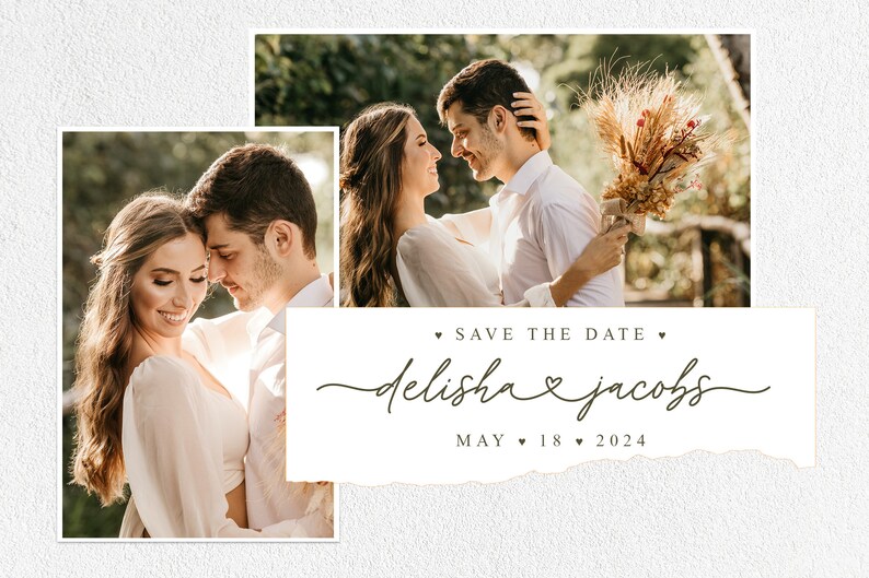 K&ouml;nnte beinhalten: Save-the-Date-Karte mit einem Foto eines Paares und dem Text "Delisha & Jacobs" mit einem Herzsymbol und dem Datum "18. Mai 2024".