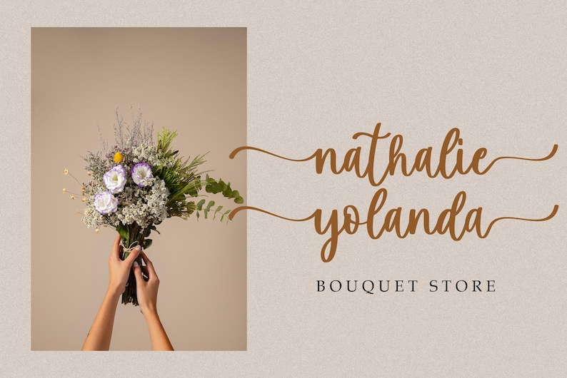 May include: A bouquet of white and purple flowers with green leaves, held by hands. The text "nathalie yolanda BOUQUET STORE" is written in brown cursive script.