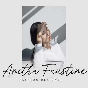 K&ouml;nnte beinhalten: Eine Frau mit langen schwarzen Haaren tr&auml;gt ein wei&szlig;es Hemd und hat die Hand an der Stirn. Der Text "Amitha Faustine FASHION DESIGNER" befindet sich unter dem Bild.