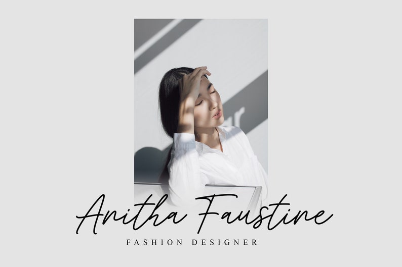 K&ouml;nnte beinhalten: Eine Frau mit langen schwarzen Haaren tr&auml;gt ein wei&szlig;es Hemd und hat die Hand an der Stirn. Der Text "Amitha Faustine FASHION DESIGNER" befindet sich unter dem Bild.
