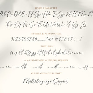 Op de afbeelding: Een handgeschreven lettertype-alfabet met hoofdletters en kleine letters, cijfers, leestekens en ligaturen. Het lettertype is een cursief schrift met een moderne uitstraling. De tekst "Meertalige ondersteuning" is ook inbegrepen.