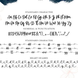 May include: A font chart showing the uppercase and lowercase letters of a handwritten font, along with numbers and punctuation marks. The font is a cursive script style with a delicate, flowing look. The chart also includes a set of letters with hearts replacing the dots above the letters.