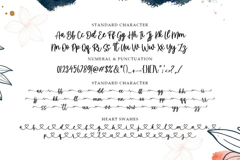 May include: A font chart showing the uppercase and lowercase letters of a handwritten font, along with numbers and punctuation marks. The font is a cursive script style with a delicate, flowing look. The chart also includes a set of letters with hearts replacing the dots above the letters.