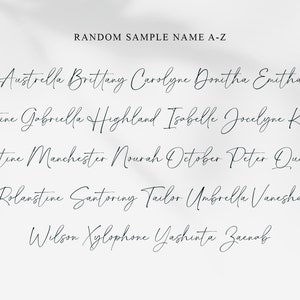 Op de afbeelding: Een lijst met namen in cursief schrift, alfabetisch gerangschikt van A tot Z. De namen zijn: Austrella, Brittany, Carolyne, Donitha, Emitha, Florentine, Gabriella, Highland, Isabelle, Jocelyne, Kimberly, Libertine, Manchester, Nourah, October, Peter, Quinchy, Rolanstine, Santoring, Tailor, Umbrella, Vanesha, Wilson, Xylophone, Yashinta, Zacnob.