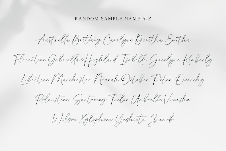 Op de afbeelding: Een lijst met namen in cursief schrift, alfabetisch gerangschikt van A tot Z. De namen zijn: Austrella, Brittany, Carolyne, Donitha, Emitha, Florentine, Gabriella, Highland, Isabelle, Jocelyne, Kimberly, Libertine, Manchester, Nourah, October, Peter, Quinchy, Rolanstine, Santoring, Tailor, Umbrella, Vanesha, Wilson, Xylophone, Yashinta, Zacnob.