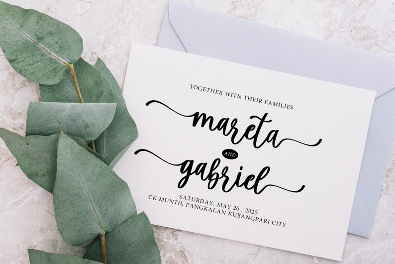 May include: A white wedding invitation with black calligraphy announcing the wedding of Mareta and Gabriel. The wedding will take place on Saturday, May 20, 2025 at CK Muntil Pangkalan Kubangpari City.