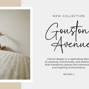 May include: A minimalist interior design image with a vase of dried palm leaves on a wooden shelf. The text "NEW COLLECTION Gouston Avenue" is displayed on a white background. The text below reads "Interior design is a captivating blend of creativity, functionality, and aesthetics that transforms spaces into harmonious and inspiring environments. see more >>"