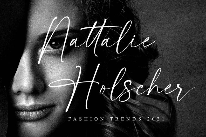 Peut inclure: Photographie en noir et blanc d'une femme avec le texte "Natalie Holscher" et "FASHION TRENDS 2021" &eacute;crit en dessous.