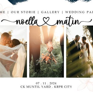 May include: Wedding invitation with a collage of three photos of a couple. The photos are in a white frame with a white background. The text "noella & matin" is in a cursive font with a heart symbol between the names. The date "07.11.2024" and the location "CK MUNTIL YARD. KBPR CITY" are also included.