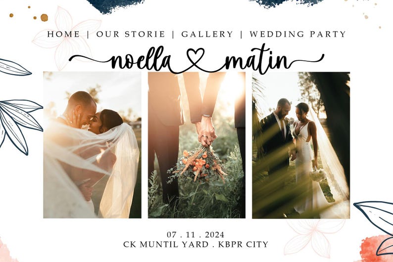 May include: Wedding invitation with a collage of three photos of a couple. The photos are in a white frame with a white background. The text "noella & matin" is in a cursive font with a heart symbol between the names. The date "07.11.2024" and the location "CK MUNTIL YARD. KBPR CITY" are also included.