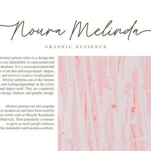 K&ouml;nnte beinhalten: Abstraktes Musterdesign in rosa und orange. Der Text "Noura Melinda GRAPHIC DESIGNER" befindet sich oben im Bild.