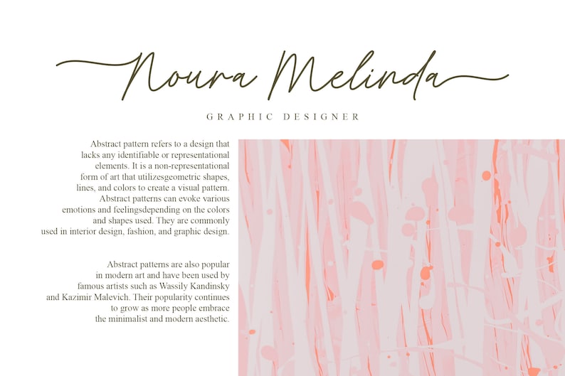 K&ouml;nnte beinhalten: Abstraktes Musterdesign in rosa und orange. Der Text "Noura Melinda GRAPHIC DESIGNER" befindet sich oben im Bild.