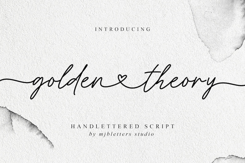 K&ouml;nnte beinhalten: Einf&uuml;hrung von Golden Theory, einer handgeschriebenen Schriftart. Der Schriftname ist in einer kursiven Schrift mit einem Herzsymbol zwischen den W&ouml;rtern geschrieben.