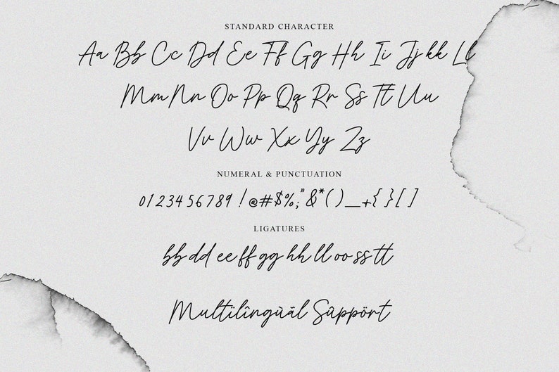 K&ouml;nnte beinhalten: Ein Schriftmuster, das das Alphabet in Gro&szlig;buchstaben, Kleinbuchstaben und Ziffern zeigt. Die Schriftart ist ein handschriftlicher Skriptstil mit modernem Flair. Der Text "Multilingual Support" ist ebenfalls enthalten.