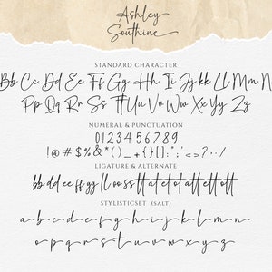 May include: A font sample showing the alphabet in uppercase and lowercase, numbers, punctuation marks, and ligatures. The font is a handwritten script style.