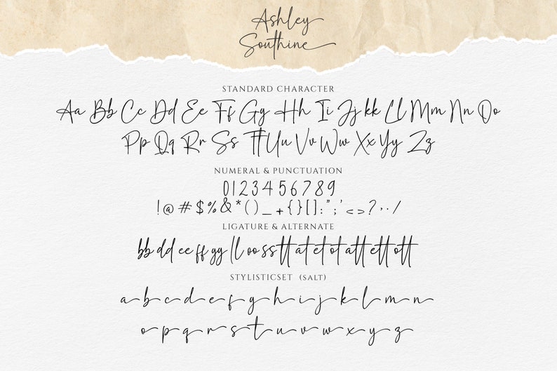 May include: A font sample showing the alphabet in uppercase and lowercase, numbers, punctuation marks, and ligatures. The font is a handwritten script style.