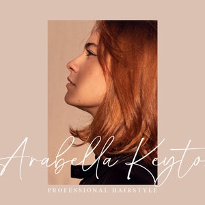Op de afbeelding: Een vrouw met lang, rood haar is in profiel te zien. De tekst "Arabella Keystone" is geschreven in een wit, cursief lettertype onder de afbeelding. De tekst "Professional Hairstyle" is geschreven in een kleiner, wit lettertype onder de cursieve tekst.