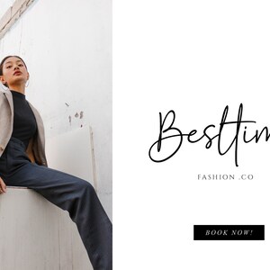 May include: A woman wearing a beige blazer and dark blue pants poses in front of a white wall. The text "Besttime FASHION.CO" and "BOOK NOW!" is visible in the image.