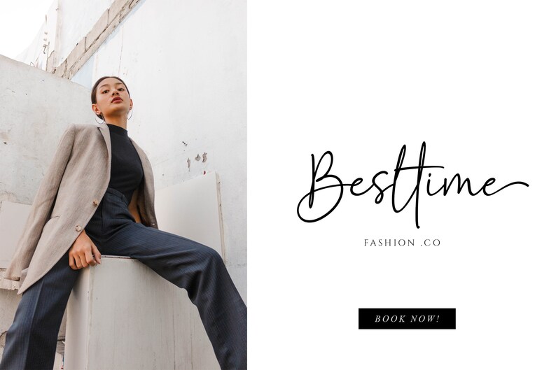 May include: A woman wearing a beige blazer and dark blue pants poses in front of a white wall. The text "Besttime FASHION.CO" and "BOOK NOW!" is visible in the image.