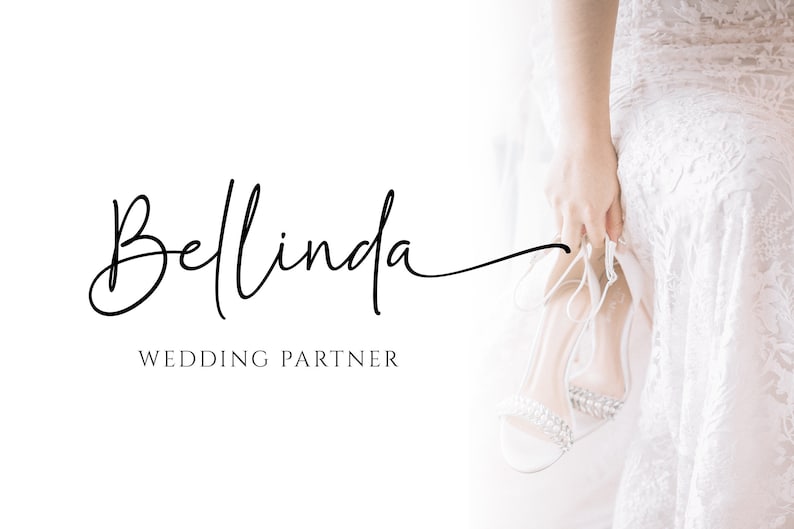 May include: A white wedding dress with a lace pattern. The dress is being held by a person wearing white heels. The text "Bellinda Wedding Partner" is written in black cursive.