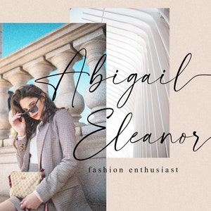Peut inclure: Une femme portant un blazer &agrave; carreaux et des lunettes de soleil se tient sur un escalier. Le texte "Abigail Eleanor fashion enthusiast" est &eacute;crit en cursive.