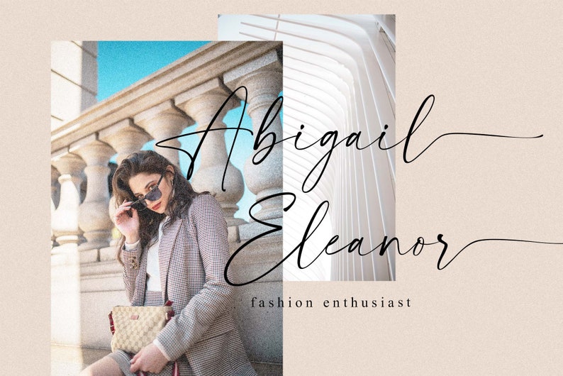 Peut inclure: Une femme portant un blazer &agrave; carreaux et des lunettes de soleil se tient sur un escalier. Le texte "Abigail Eleanor fashion enthusiast" est &eacute;crit en cursive.