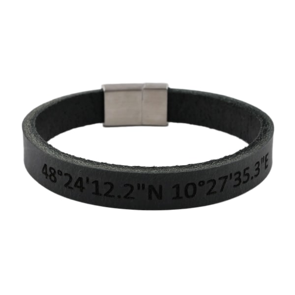 Engraving bracelet, leather name bracelet, black, custom made gift, hidden text, partner bracelet