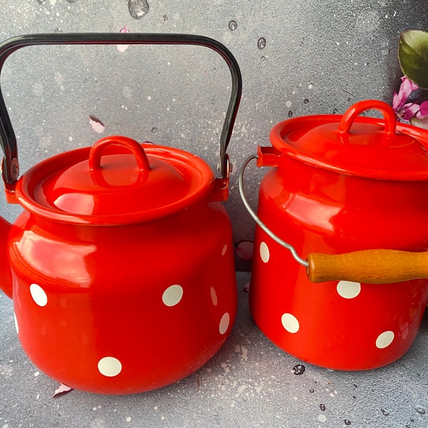 New Soviet enameled Kettle - Polka dot jug with handle - milk container - Kitchen gadget - Made in USSR