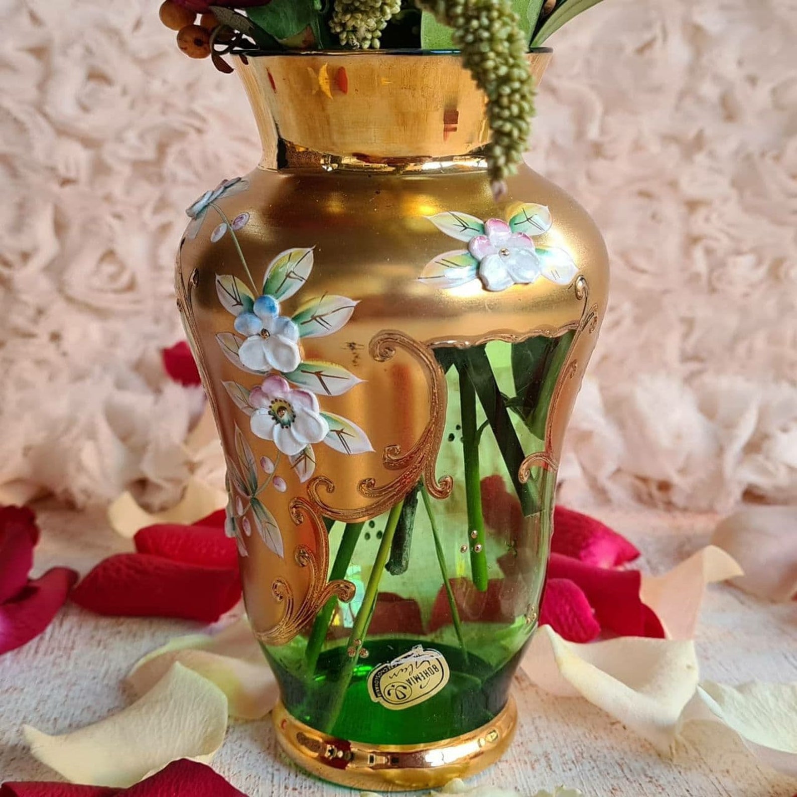 Bohemia 24K Gold vase Enamel Floral Inlay Bohemian Etsy
