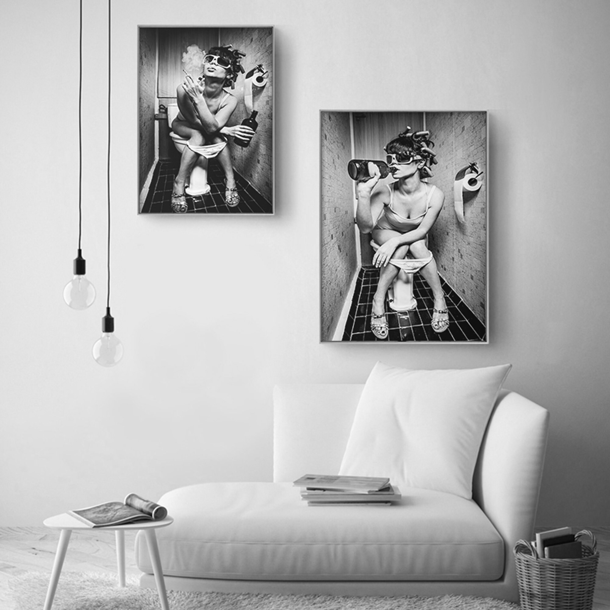 Zwart witte poster canvas print roken vrouw op het toilet Etsy