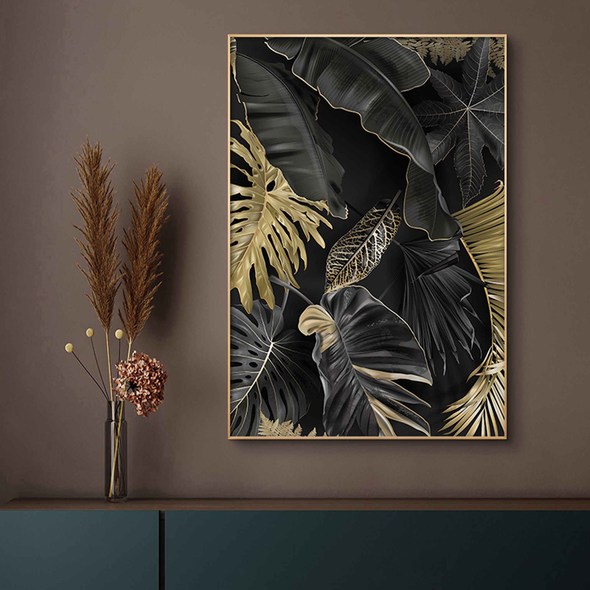 Luxury black & gold Leaves Painting Wall Art Print Modern Art Etsy
