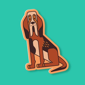 May include: A sticker featuring a stylized illustration of a Basset Hound dog in shades of brown, tan, and black, with a white outline. The dog is sitting with its long ears hanging down, set against a teal background.