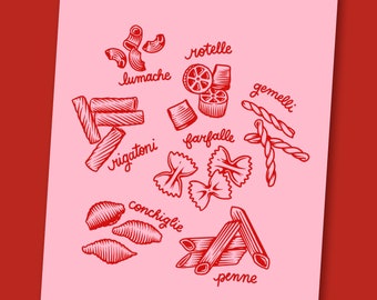 Pasta Lover Art Print, Kitchen Wall Art (5x7 or 8x10)